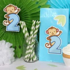 Little Monkey Blue 2nd Birthday Cutout Decoration, Editable Digital Template