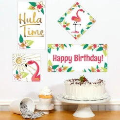 Aloha Flamingo Tropic Birthday Sign Cutout Decoration, Editable Digital Template