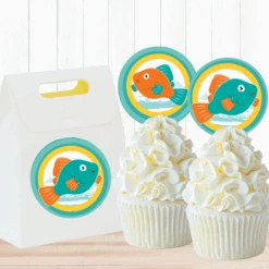 Little Fish Party 2-in Circle, Editable Digital Template, Instant Download