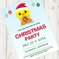 Christmas Little Ducky Party Invitation, 5x7-inch, Editable Digital Template, Instant Download