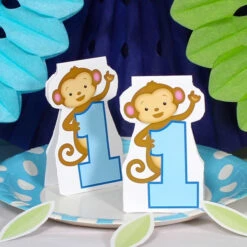Little Monkey Blue 1st Birthday Table Decoration, Editable Digital Template