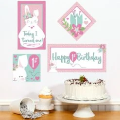 Little Bunny 1st Birthday Sign Cutout Decoration, Editable Digital Template