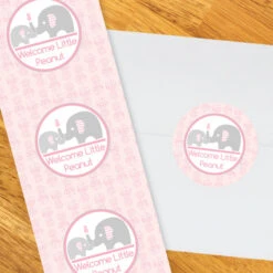 Elephant Little Peanut Pink Baby Shower 2-in Circle, Editable Digital Template