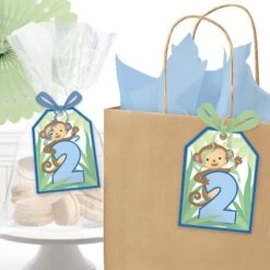 Little Monkey Blue 2nd Birthday Favor Tag, Editable Digital Template
