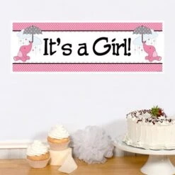 Elephant Pink Baby Shower Small Banner, Editable Digital Template
