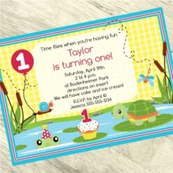 Frog And Turtle 1st Birthday Invitation, 5x7-inch, Editable Digital Template