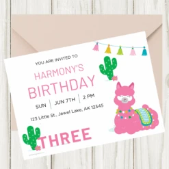 Alpaca Pink 3rd Birthday Invitation, Editable Digital Template, Instant Download