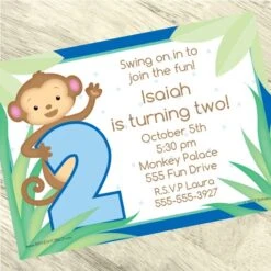Little Monkey Blue 2nd Birthday Invitation, 5x7-inch, Editable Digital Template