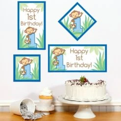 Little Monkey Blue 1st Birthday Sign Cutout Decoration, Editable Digital Template