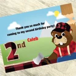 Woodland Lumberjack Beaver 2nd Birthday Thank You, 5x7-inch, Editable Digital Template