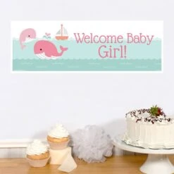 Little Whale Pink Baby Shower Small Banner, Editable Digital Template