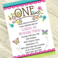 Little Owl 1st Birthday Invitation, 5x7-inch, Editable Digital Template