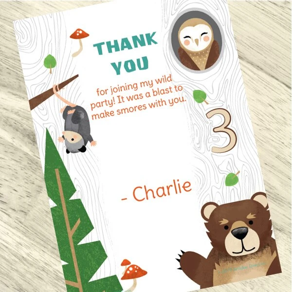 Wild Woodland 3rd Birthday Thank You, 5x7-inch, Editable Digital Template 3 Wild Woodland 3rd Birthday Thank You, 5x7-inch, Editable Digital Template