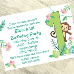Little Monkey 1st Birthday Invitation, 5x7-inch, Editable Digital Template