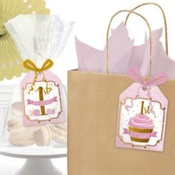 Pink And Gold 1st Birthday Favor Tag, Editable Digital Template