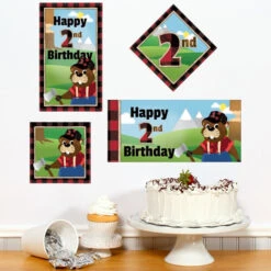 Woodland Lumberjack Beaver 2nd Birthday Sign Cutout Decoration, Editable Digital Template
