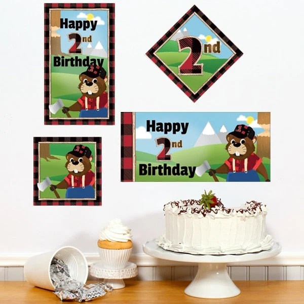 Woodland Lumberjack Beaver 2nd Birthday Sign Cutout Decoration, Editable Digital Template 3 Woodland Lumberjack Beaver 2nd Birthday Sign Cutout Decoration, Editable Digital Template