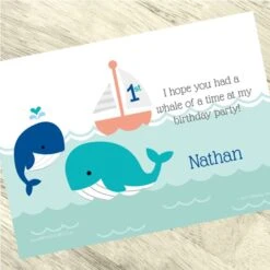 Little Whale Blue 1st Birthday Thank You, 5x7-inch, Editable Digital Template