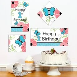 Little Butterfly 1st Birthday Sign Cutout Decoration, Editable Digital Template