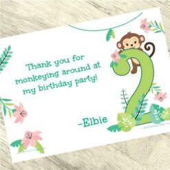 Little Monkey 2nd Birthday Thank You, 5x7-inch, Editable Digital Template