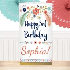 Boho 3rd Birthday Centerpiece, 10-inch, Editable Digital Template